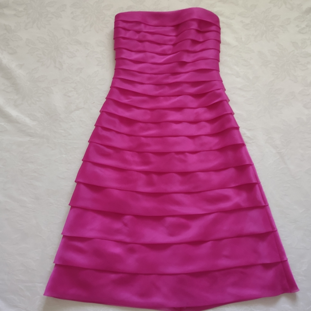 Alfred Sung corset strapless hot pink tiered A-line tea length